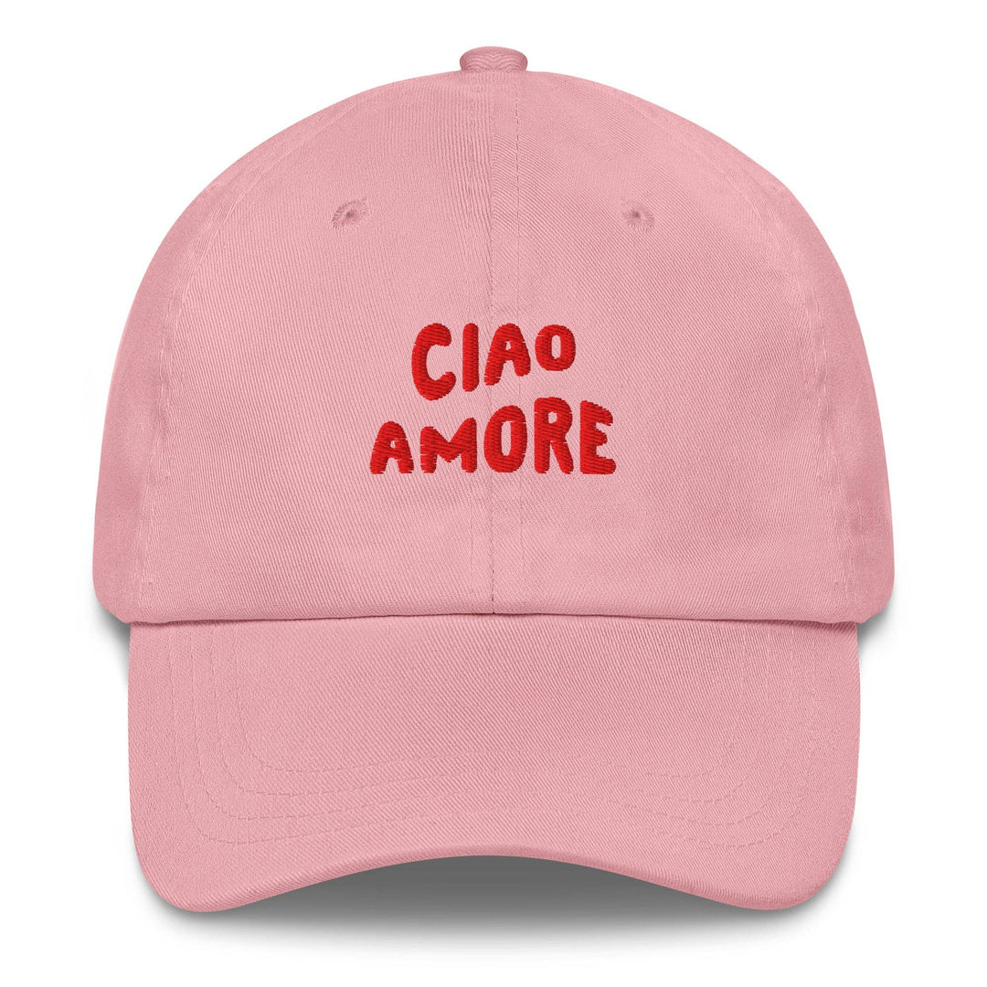 Pink cap with 'CIAO AMORE' text on a white background