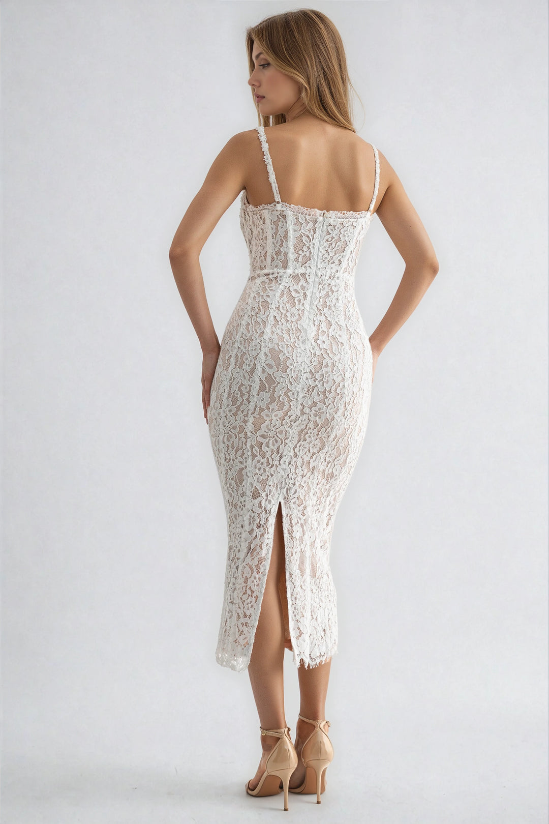 callie dress white lace midi back view with zipper and slit
