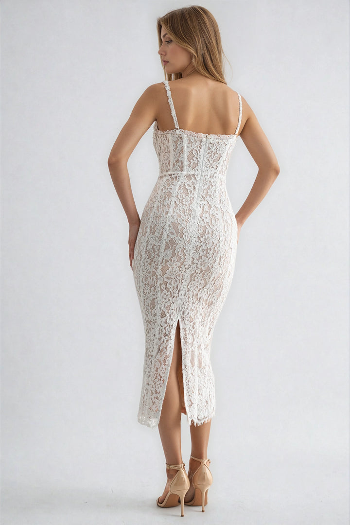 callie dress white lace midi back view with zipper and slit