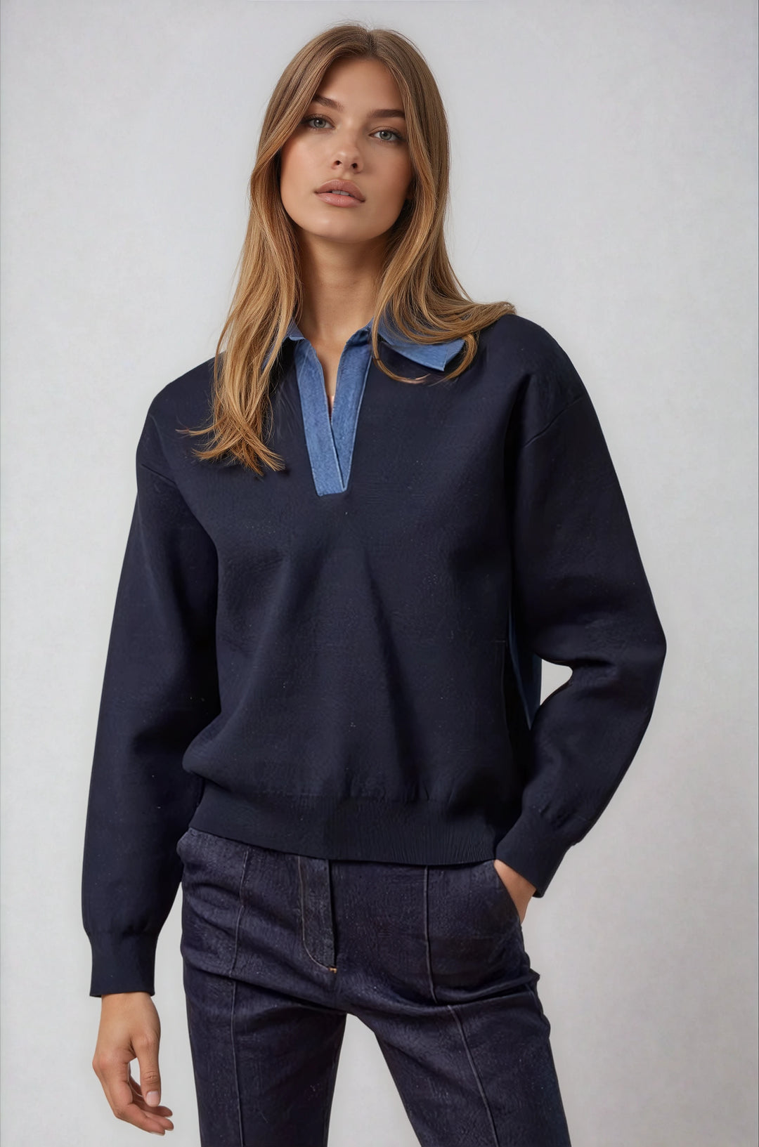 Navy knit sweater with contrasting denim collar on model