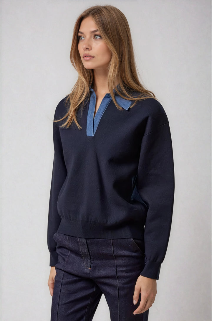 Side view navy knit sweater with relaxed silhouette