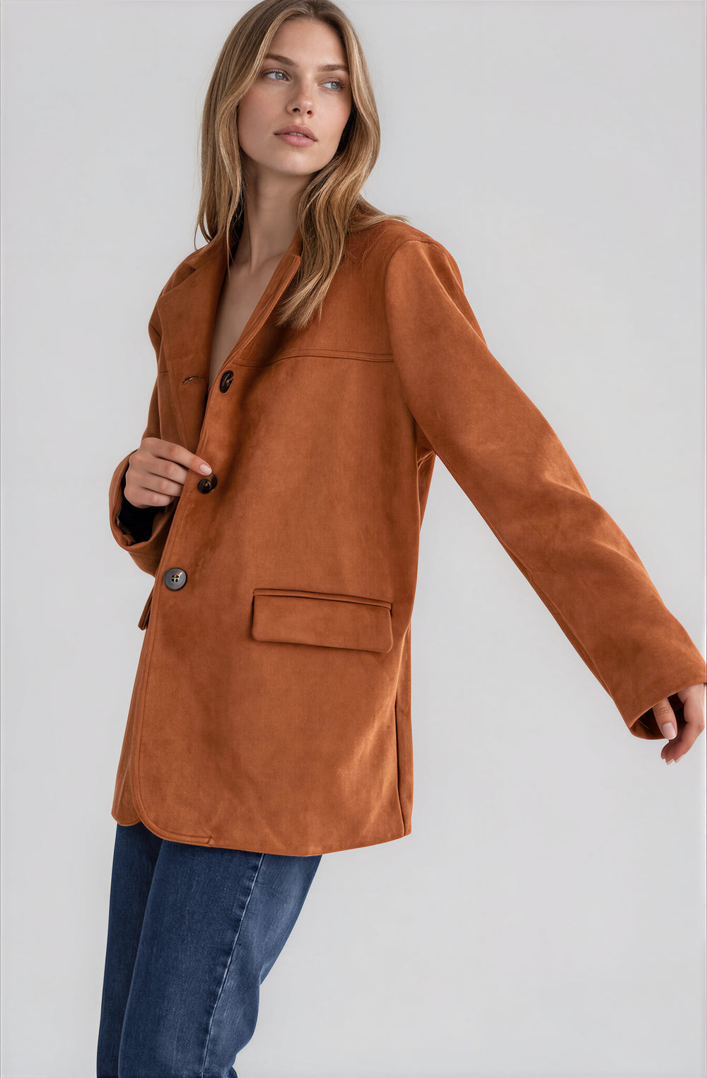 Side view brown faux suede jacket on model