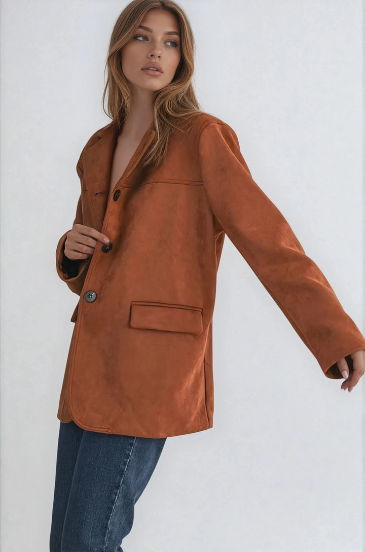 Side view brown faux suede jacket on model
