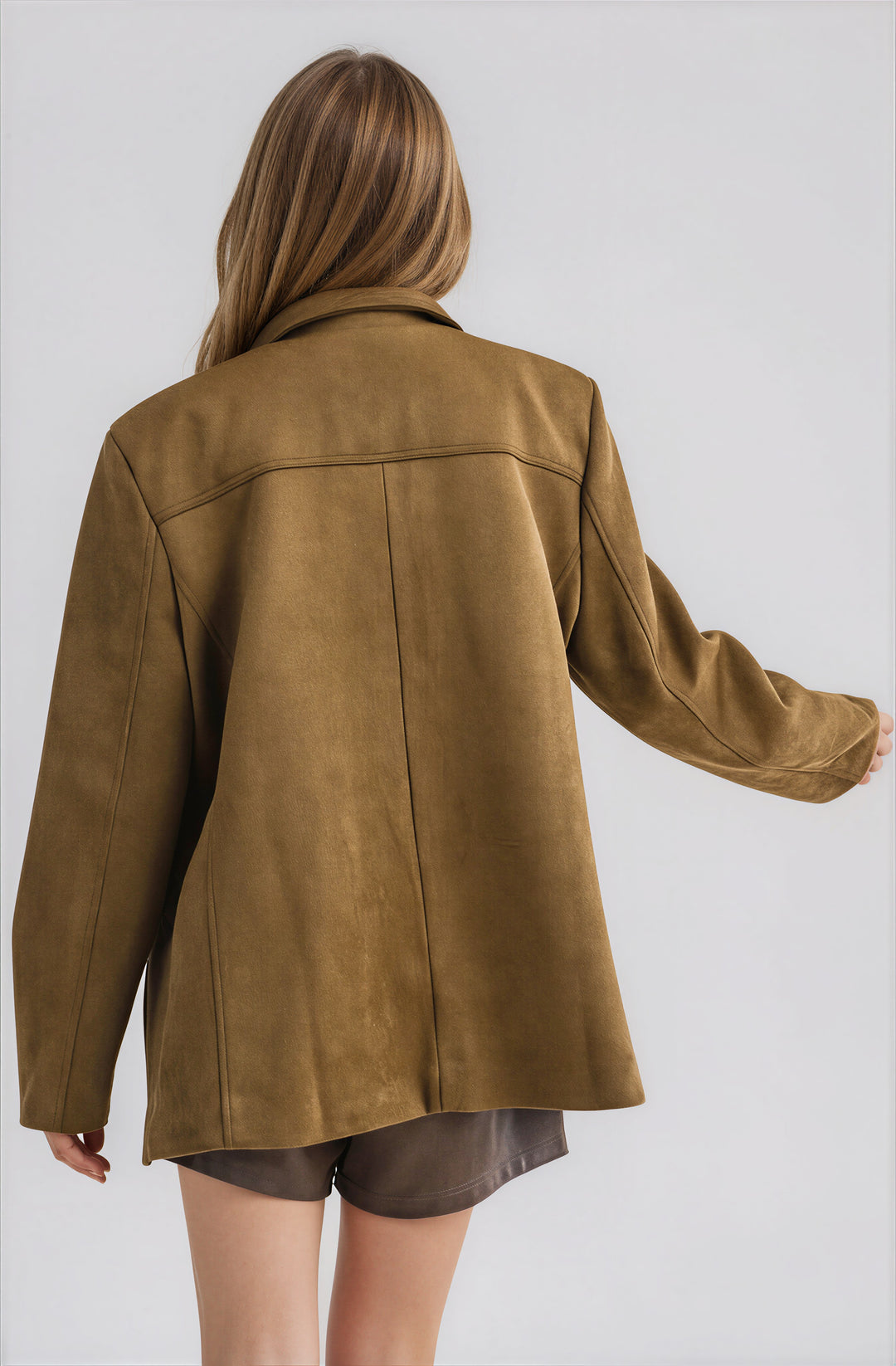 Back view olive blazer jacket with clean tailored shape