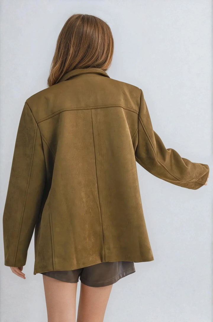 Back view olive blazer jacket with clean tailored shape