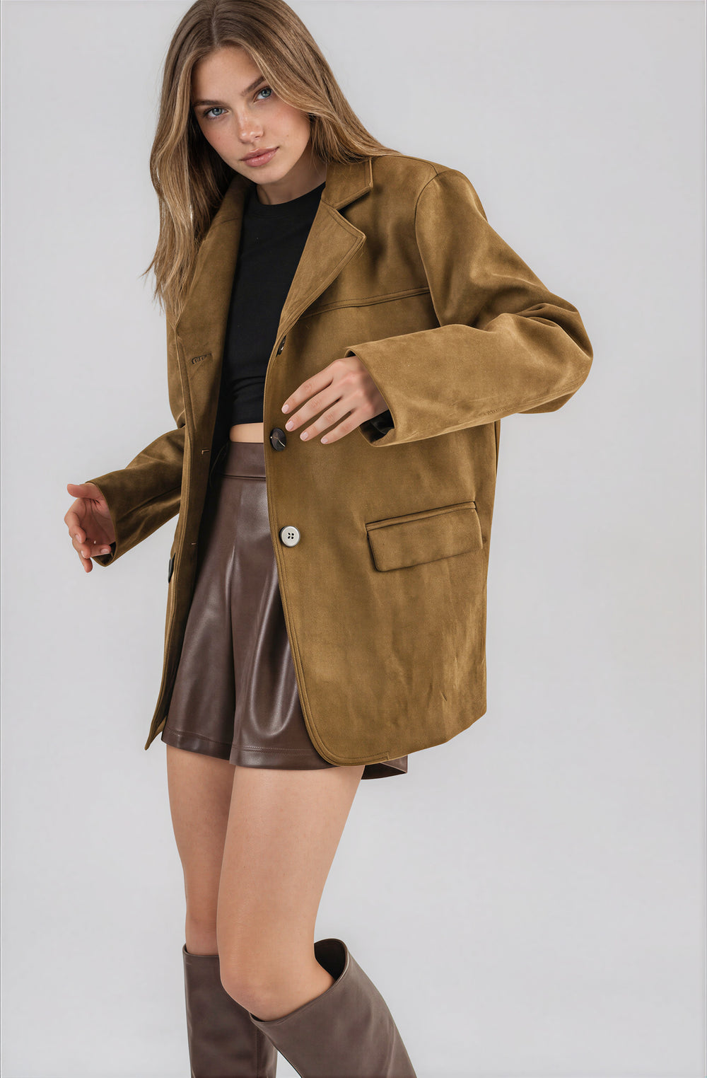 Front view olive faux suede blazer with flap pockets