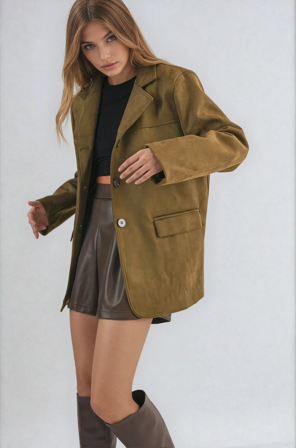 Front view olive faux suede blazer with flap pockets