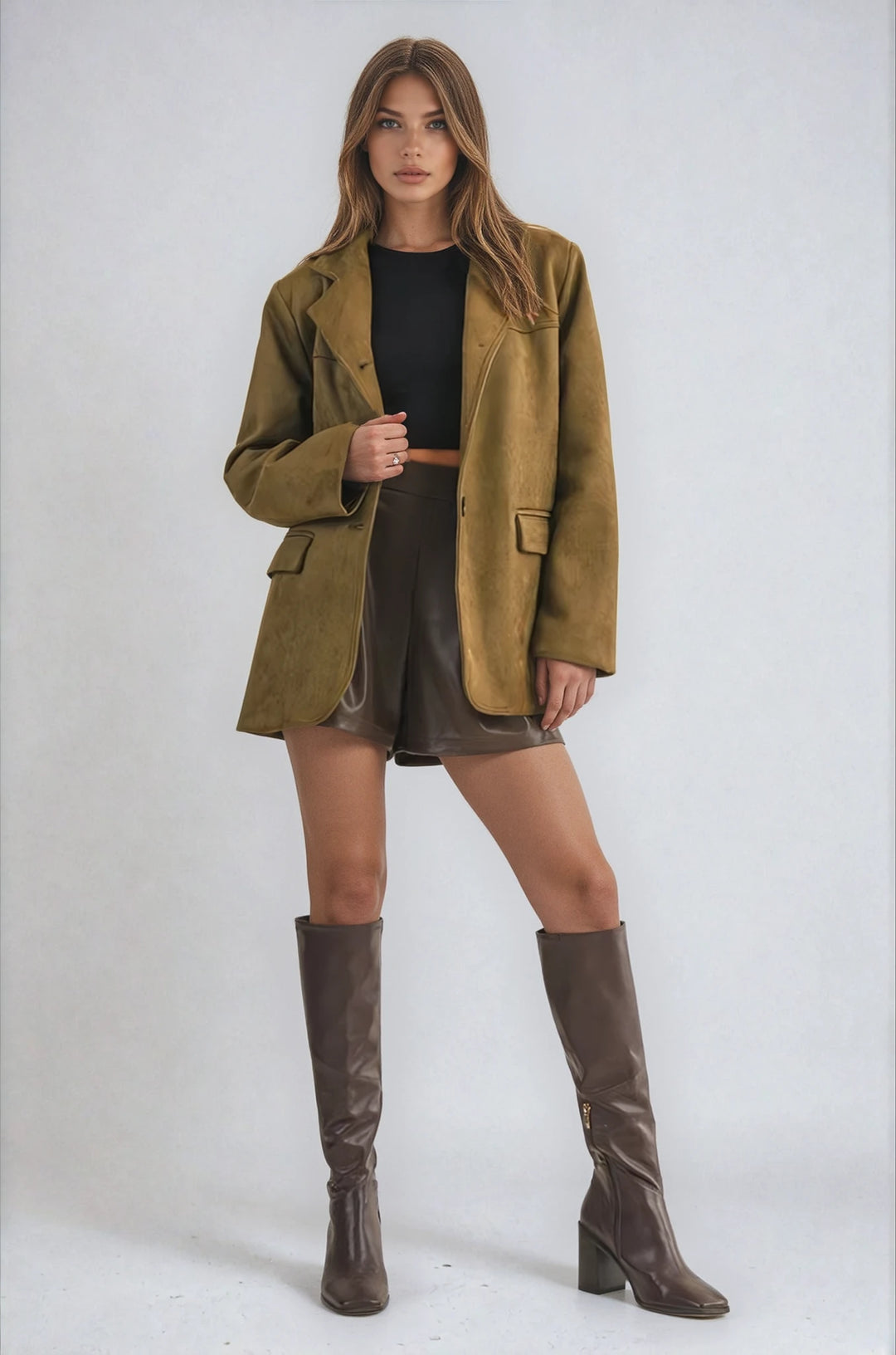 Olive faux suede blazer jacket with structured drape on model