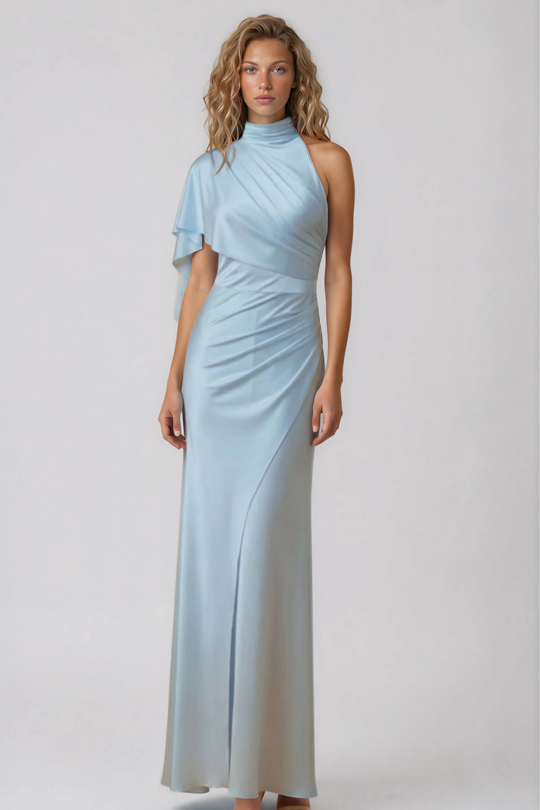 light blue draped one shoulder maxi down