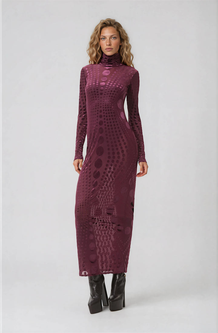 AFRM burgundy fitted velvet and mesh maxi dress with turtleneck
