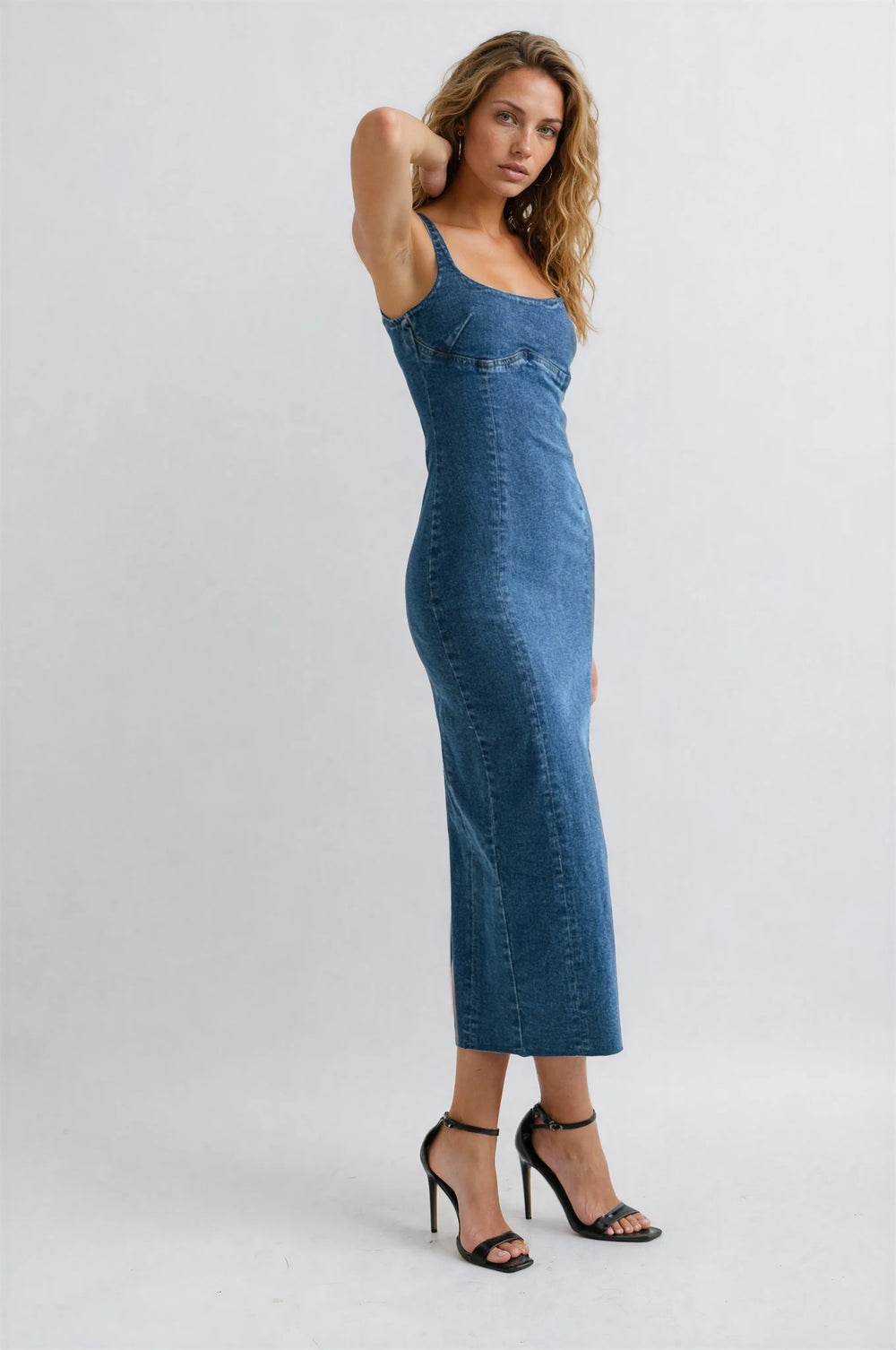 sleeveless denim fitted midi dress for summer side view