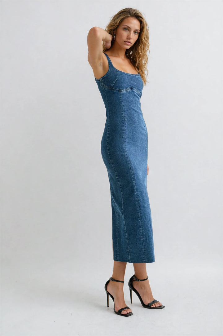 sleeveless denim fitted midi dress for summer side view