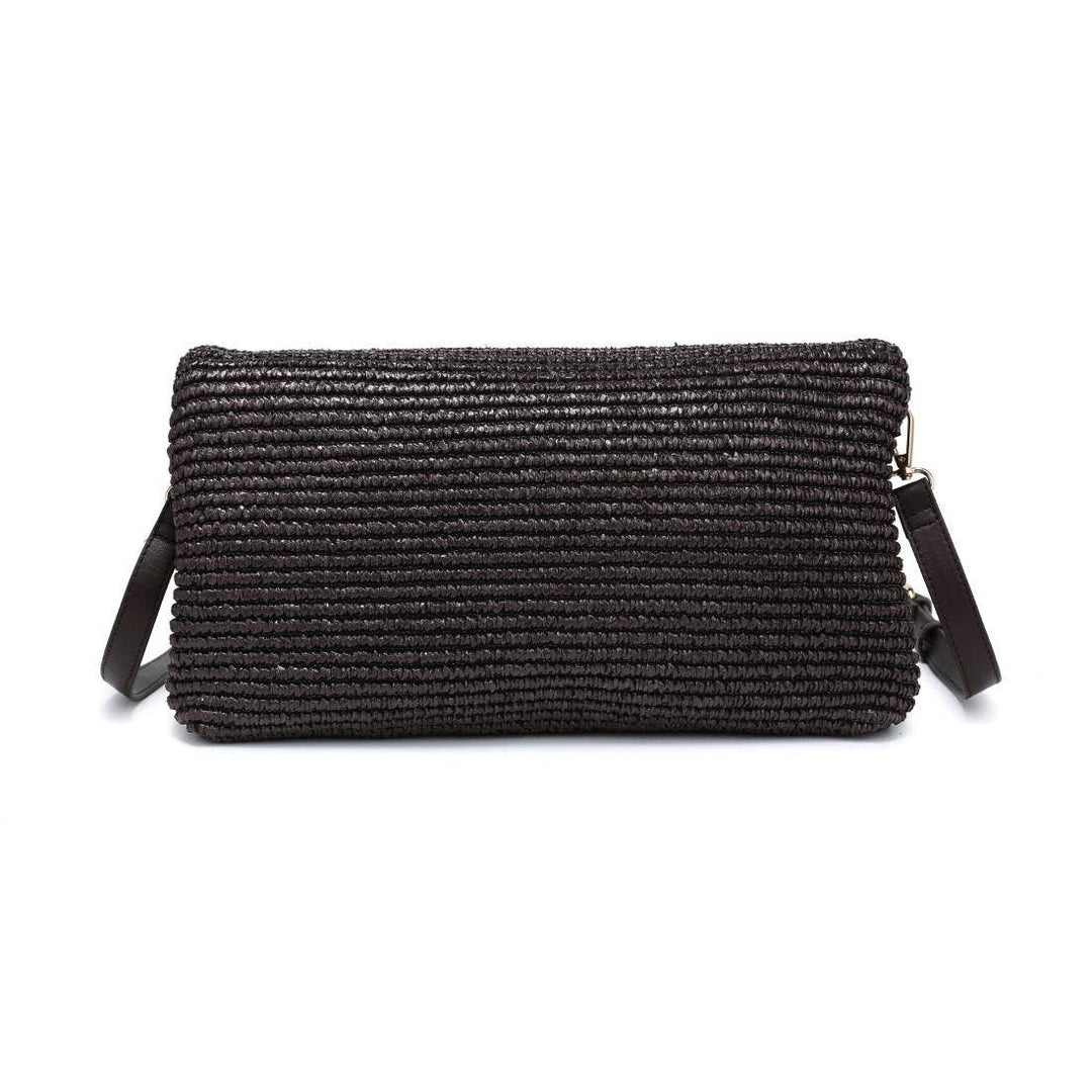 Black textured clutch bag on a white background