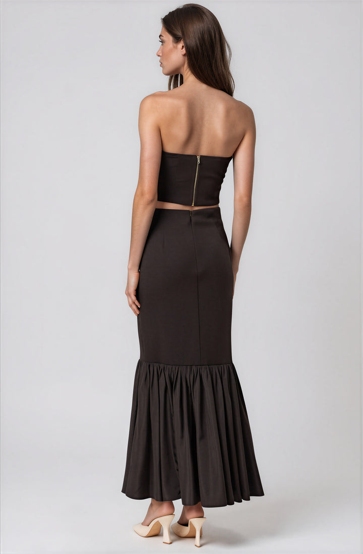 Back view black two piece formal set on model