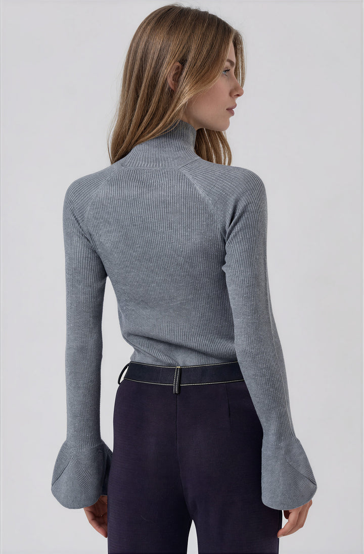 Back view gray slim fit ribbed sweater on model