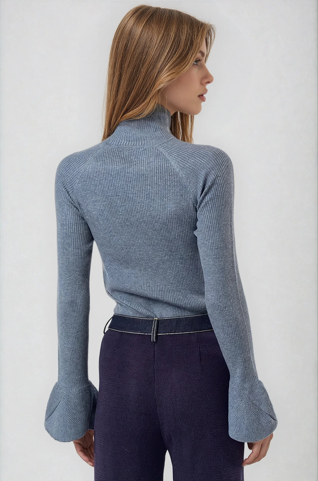 Back view gray slim fit ribbed sweater on model