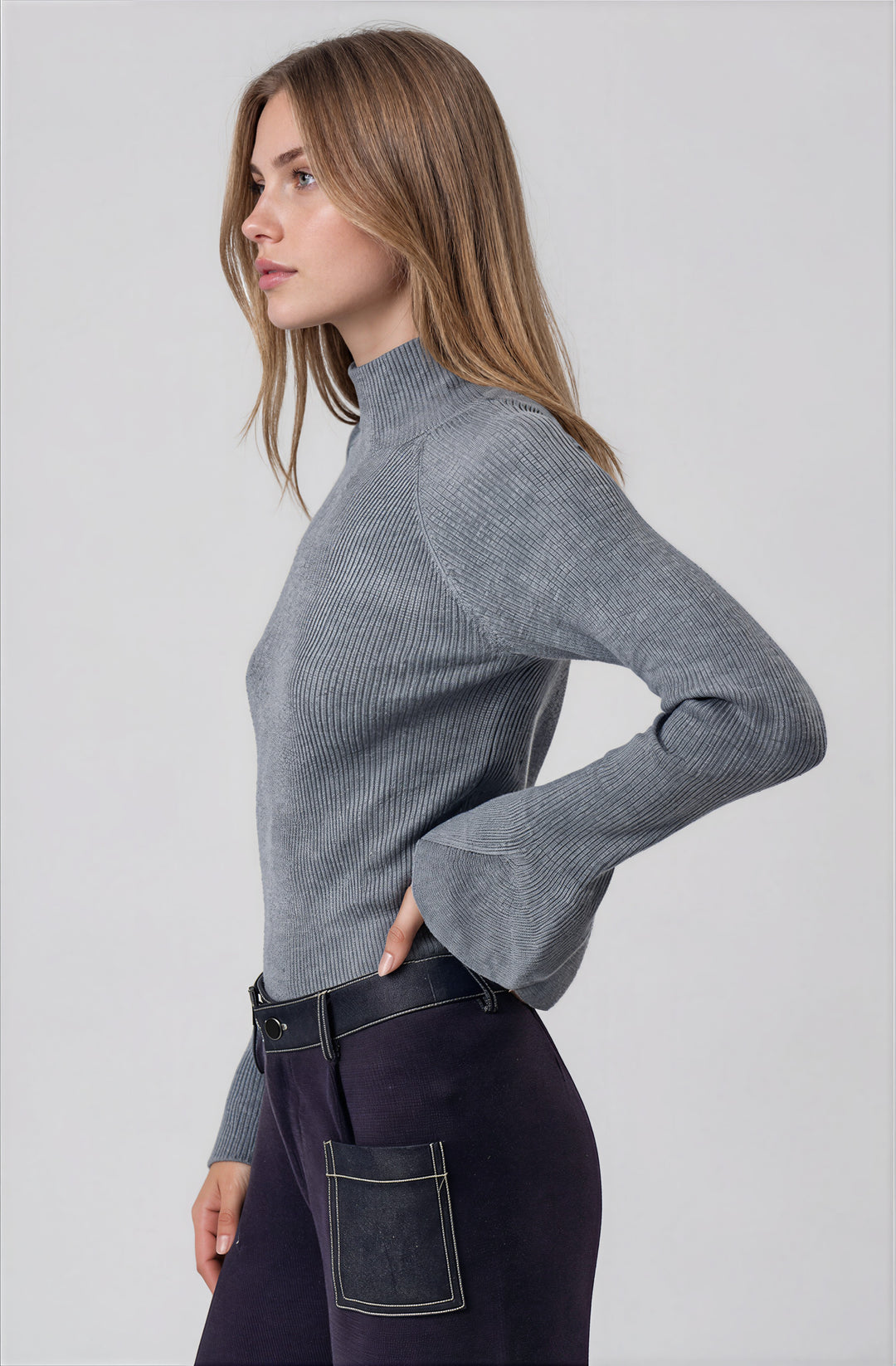Side view gray mock neck sweater with bell sleeves