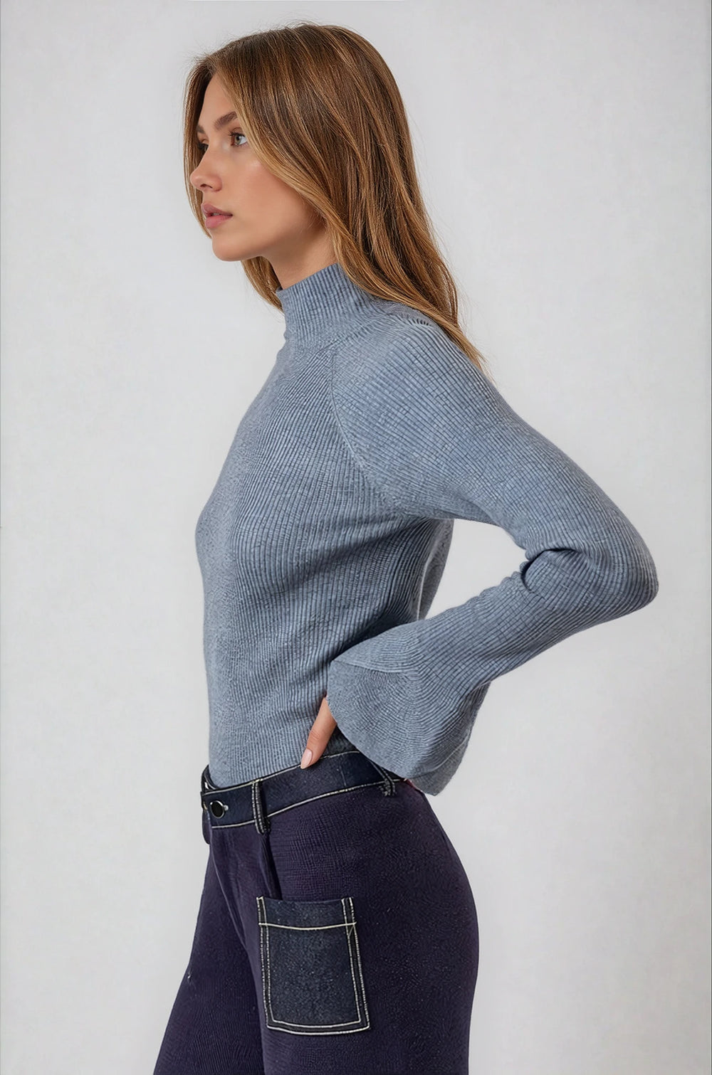 Side view gray mock neck sweater with bell sleeves