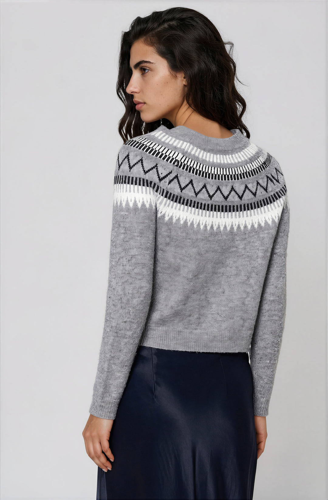 Back view gray patterned crewneck sweater on model