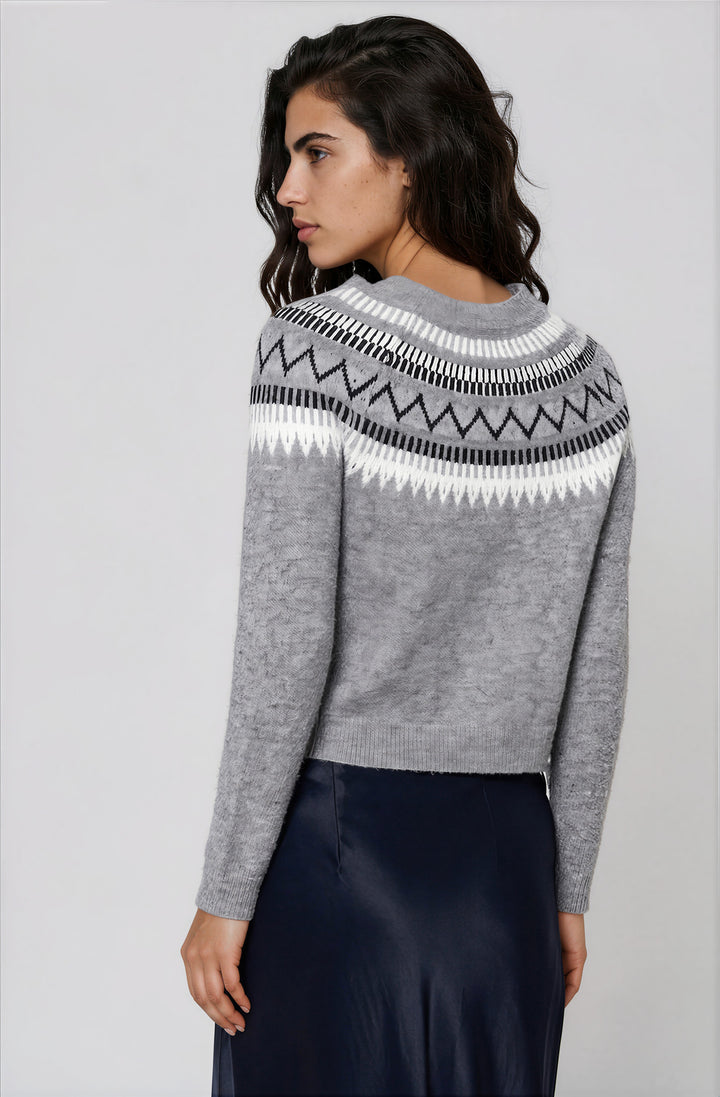 Back view gray patterned crewneck sweater on model
