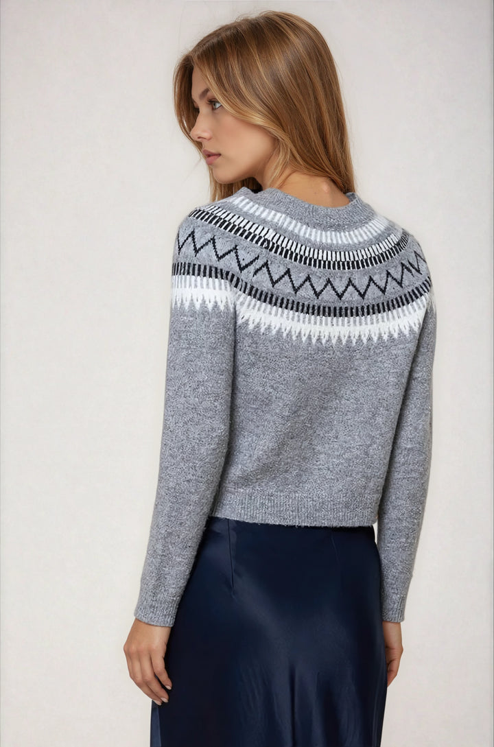 Back view gray patterned crewneck sweater on model