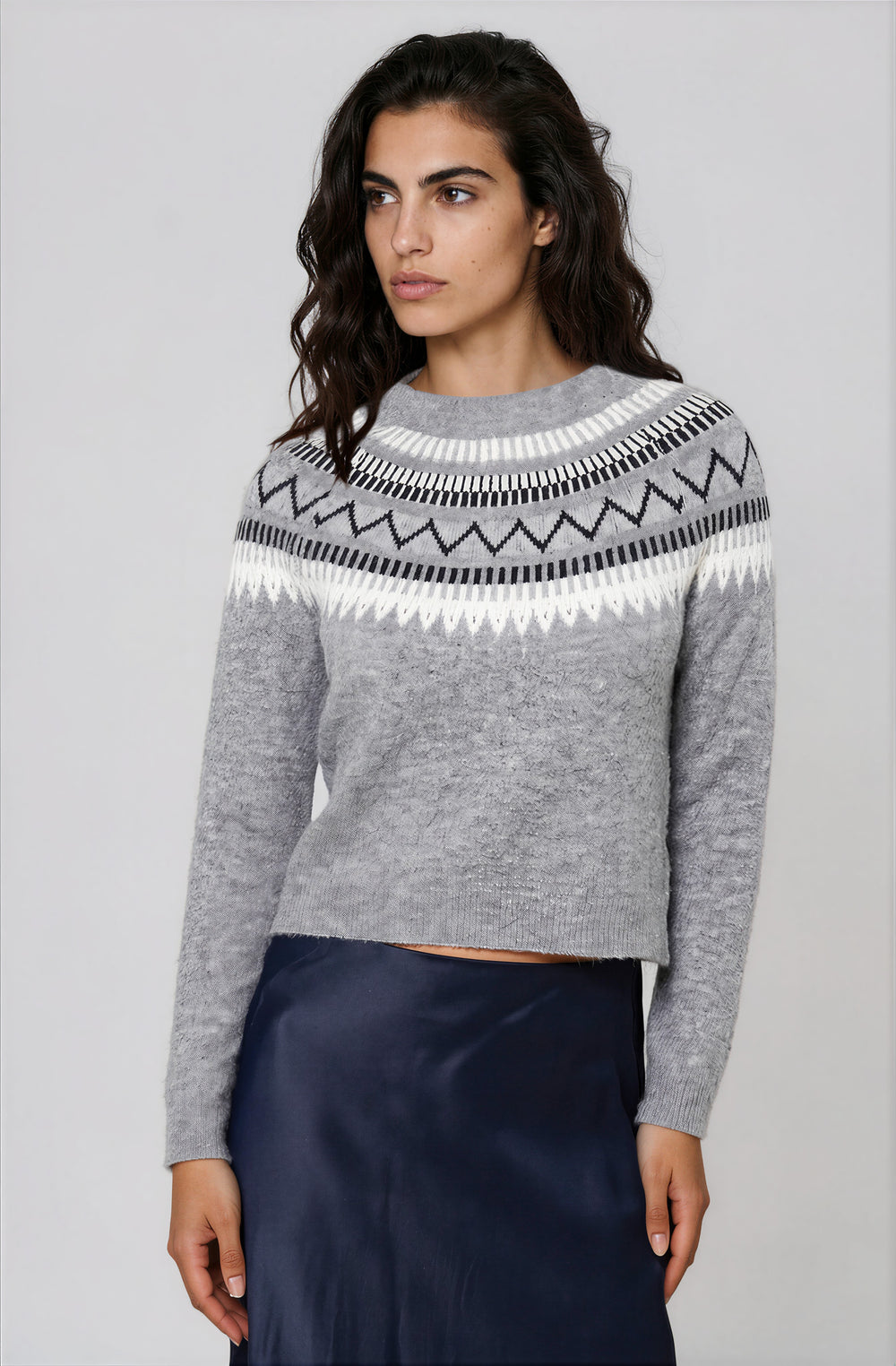 Front view gray geometric yoke sweater on model