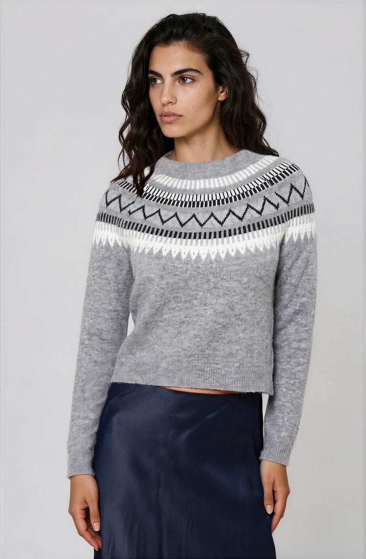 Front view gray geometric yoke sweater on model