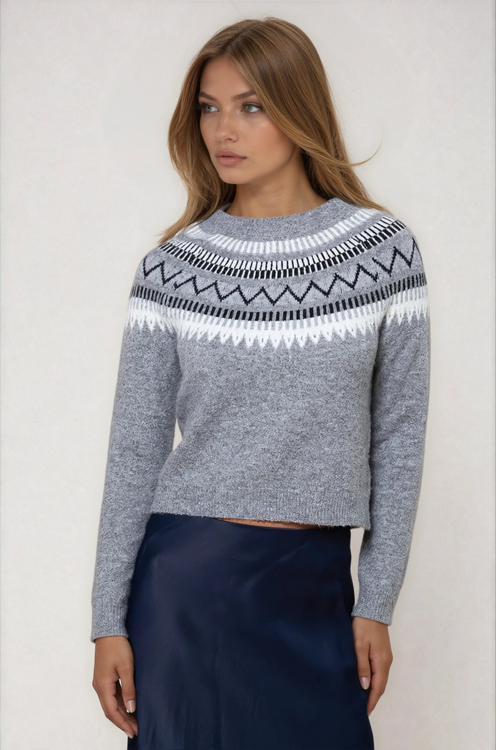 Front view gray geometric yoke sweater on model