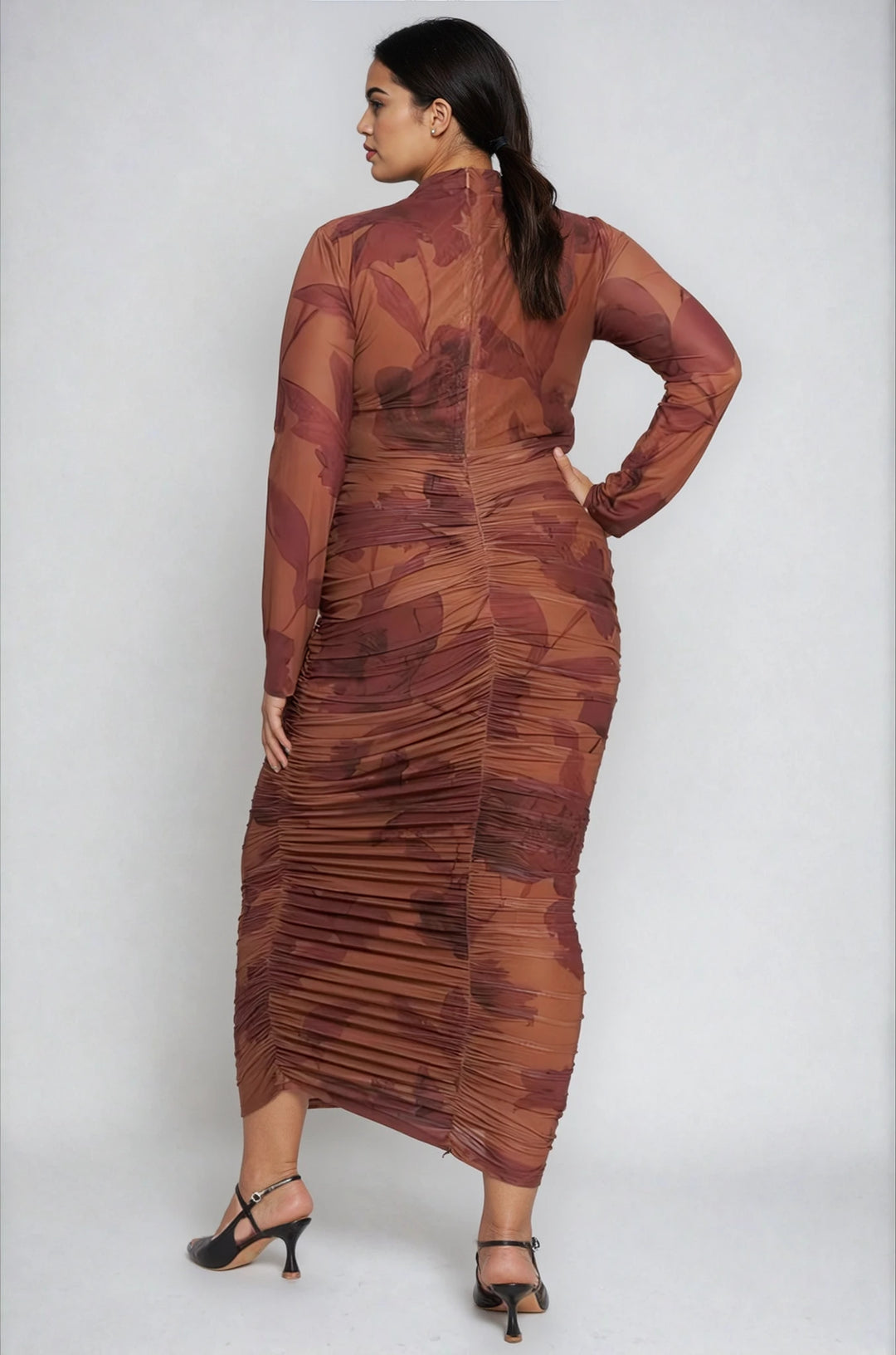 daria dress on model brown printed mesh plus size midi dress back view