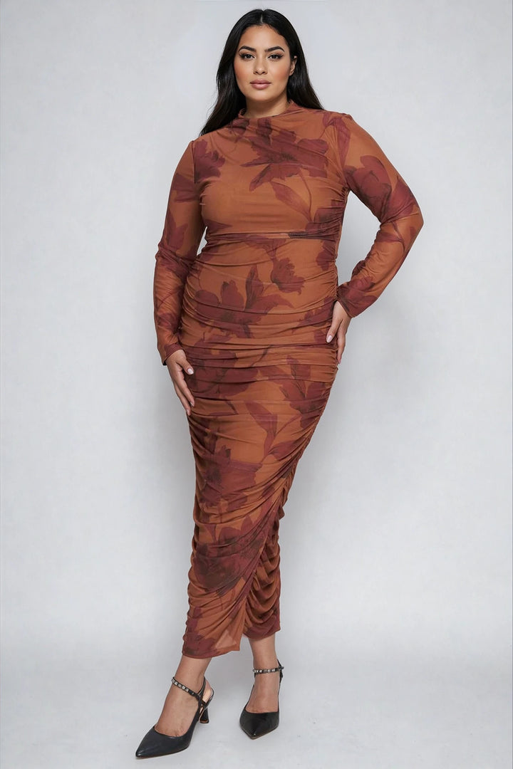 daria dress brown printed mesh plus size front view