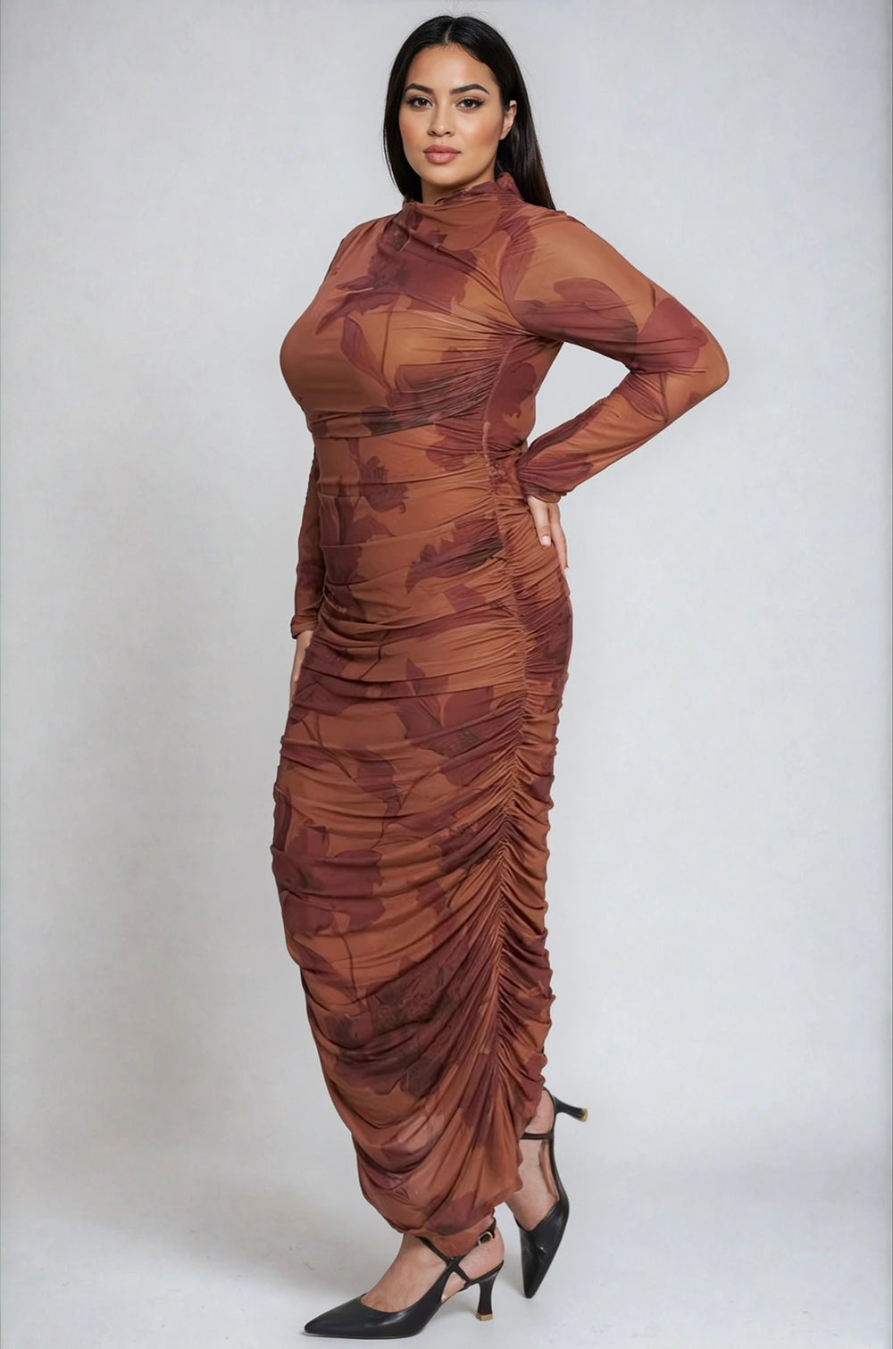 daria dress brown printed mesh plus size side view fitted silhouette
