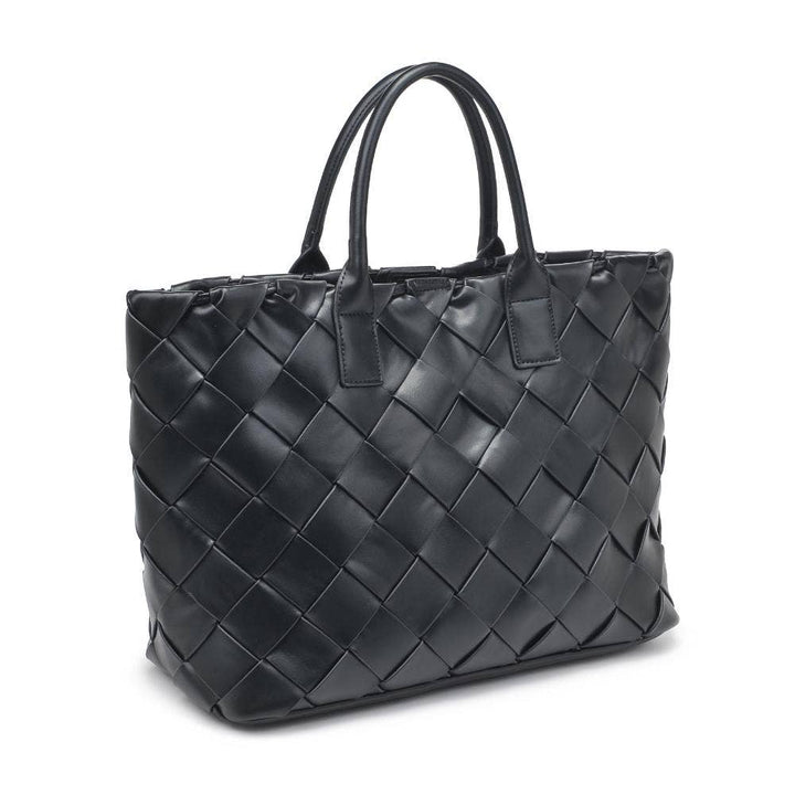 Black woven handbag on a white background