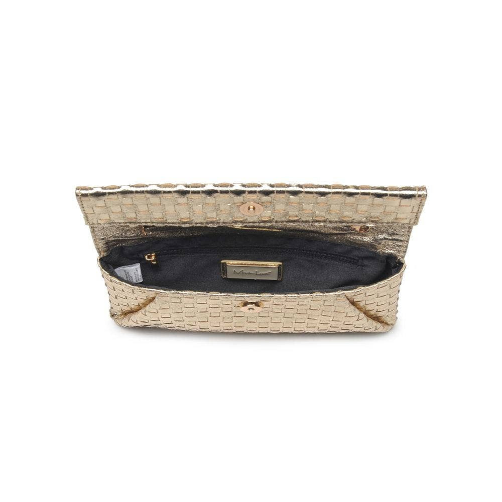 Open beige woven handbag with a visible brand logo on a white background