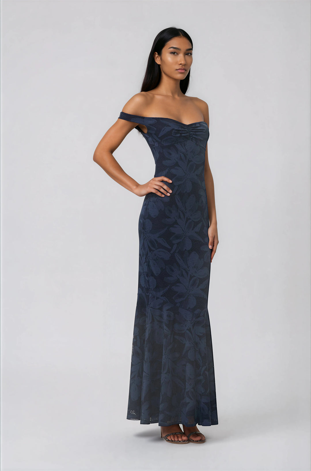 blue floral off shoulder maxi dress with mermaid skirt