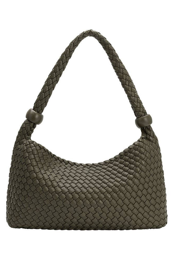 Olive woven recycled vegan leather shoulder bag with beaded strap accents, front view