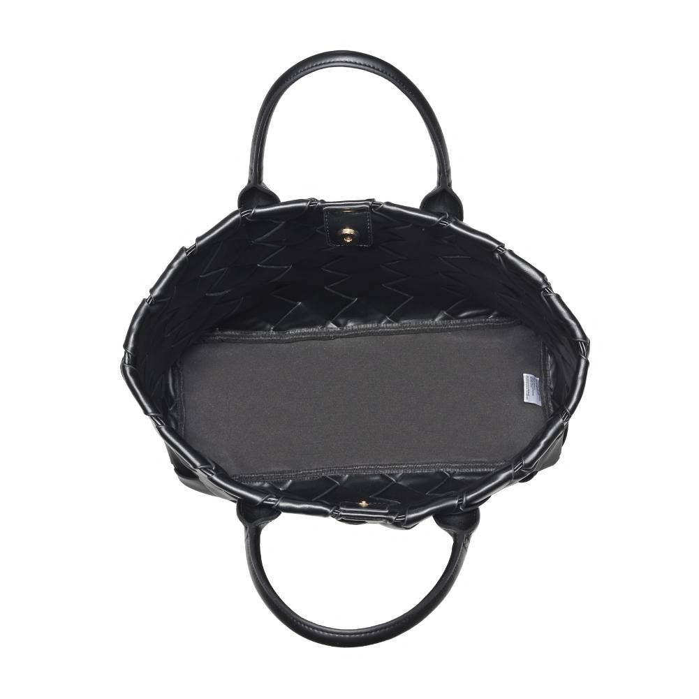Black quilted handbag with a handle on a white background