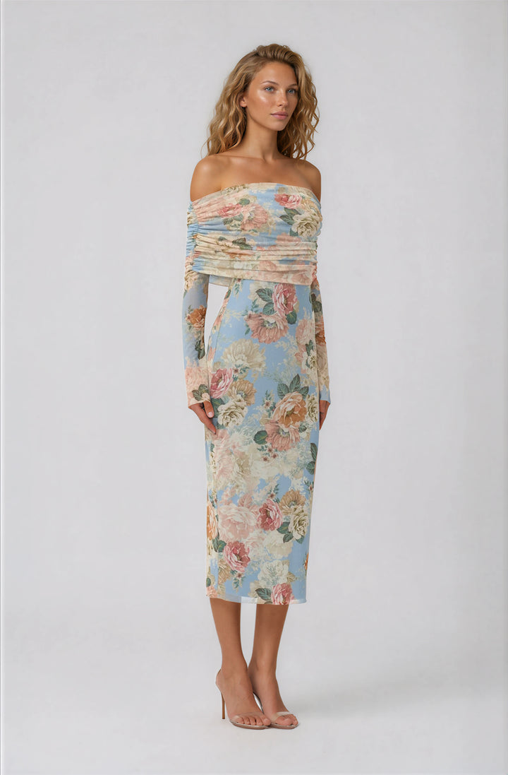 AFRM light blue floral mesh midi dress with off the shoulder neckline and long sleeves