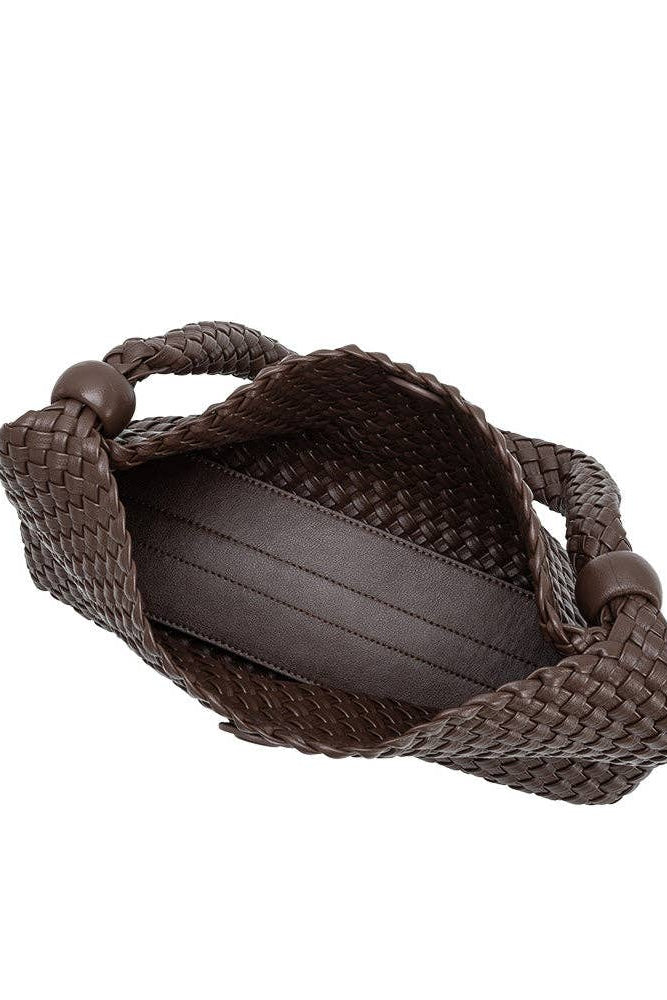 Espresso woven vegan leather shoulder bag with a removable zip pouch