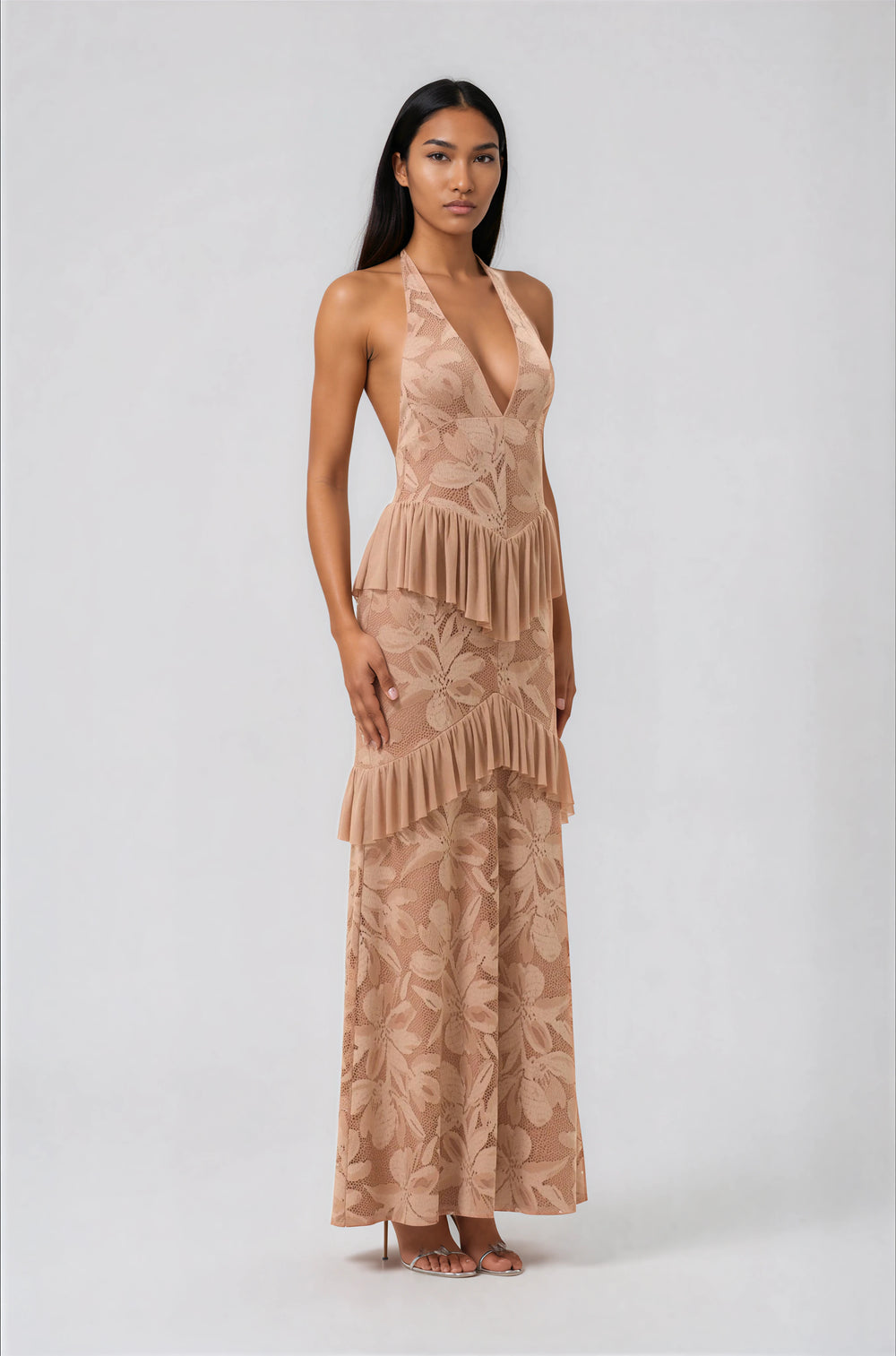 Beige Halter Maxi Dress with Plunge Neckline The Salient Collection Beige Halter Maxi Dress with Plunge Neckline The Salient Collection