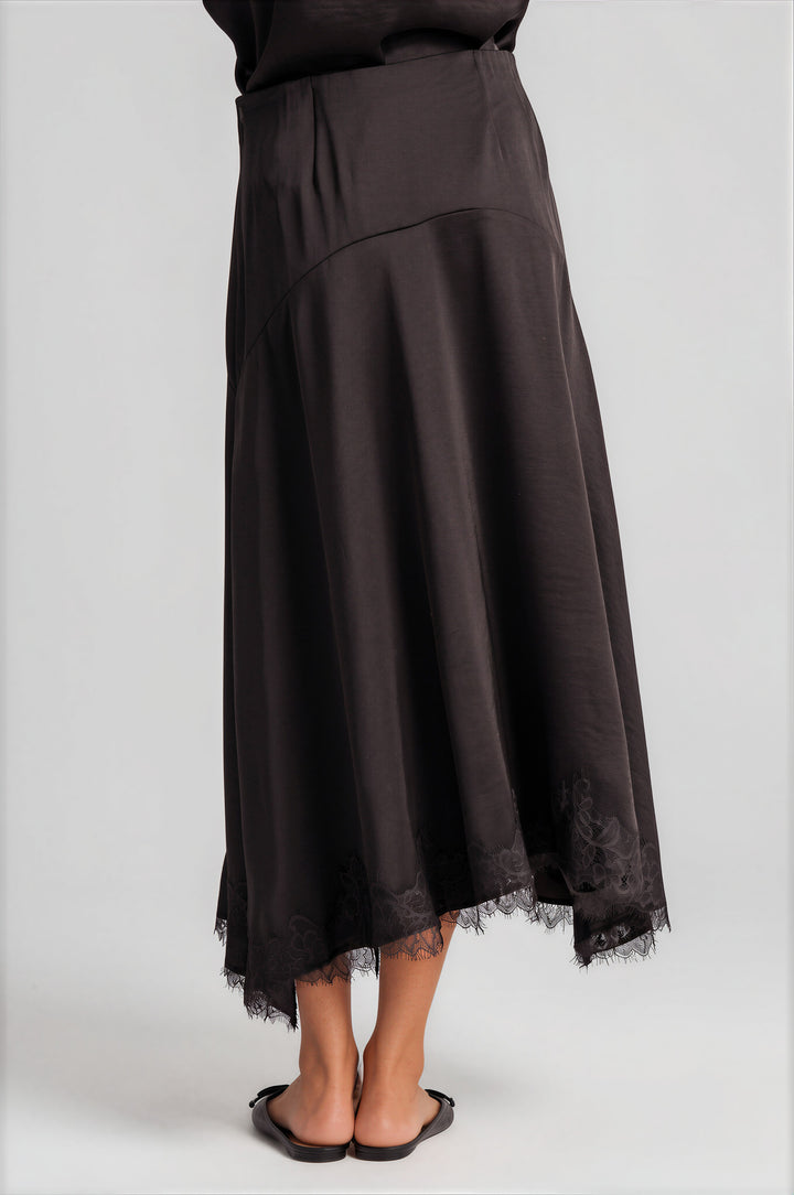 Chocolate satin asymmetric slip skirt, back view