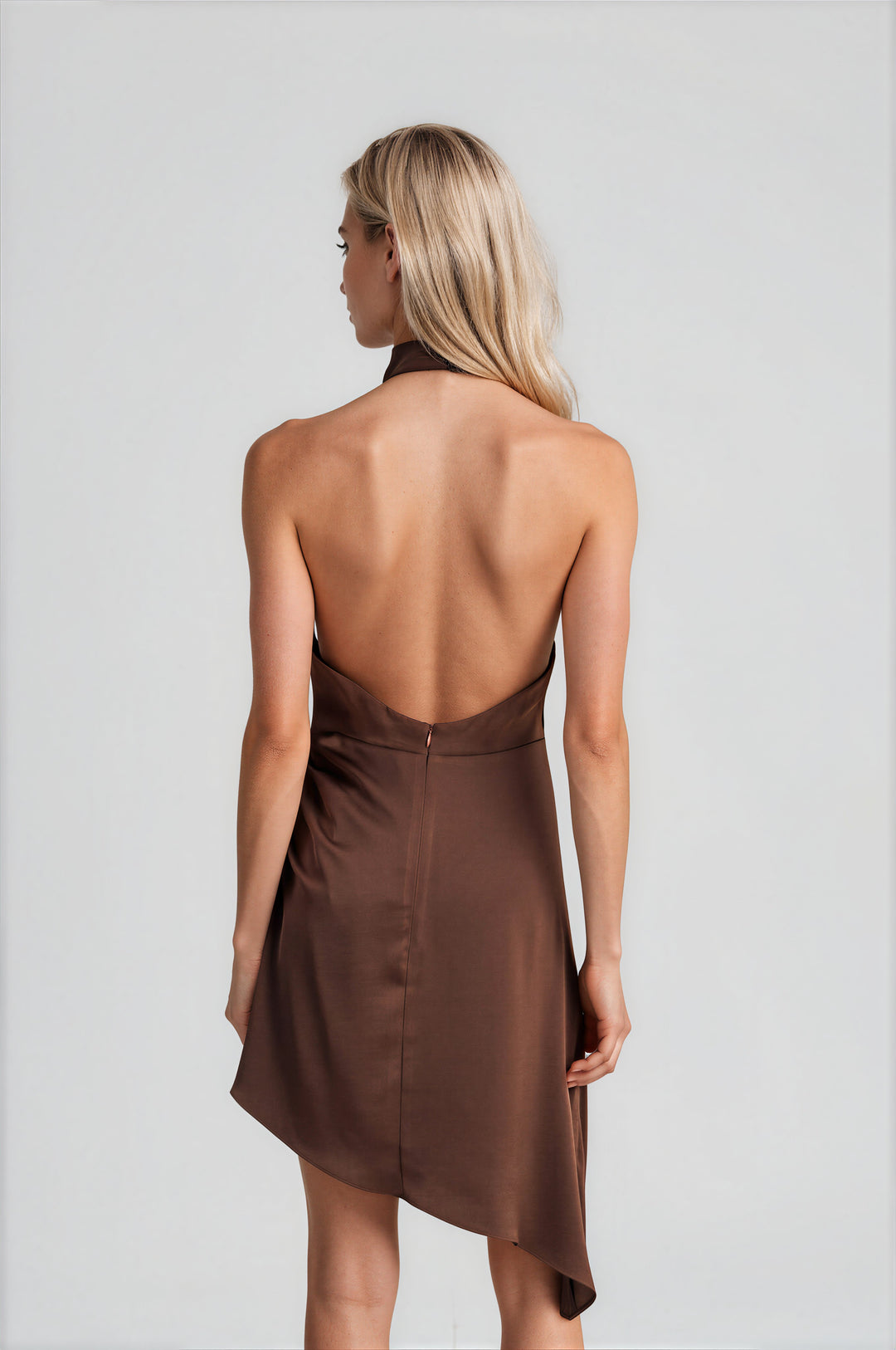 Brown satin asymmetrical mini dress, detail