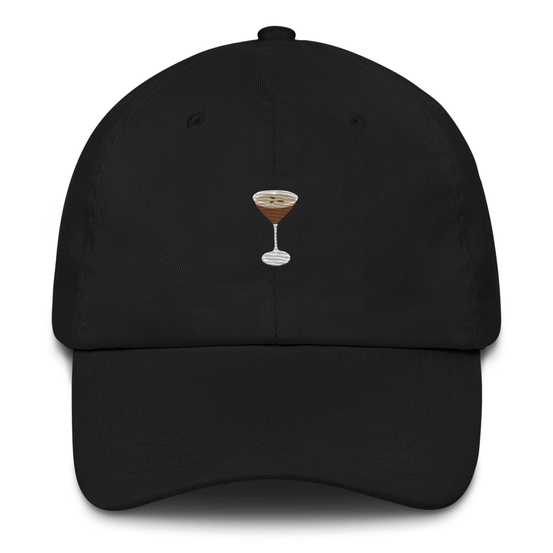 Black Espresso Martini embroidered cotton twill dad hat with adjustable metal clasp strap