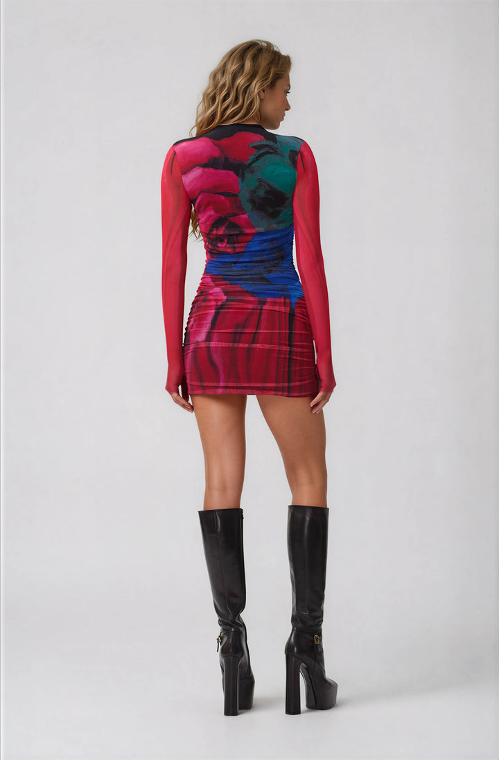 AFRM red mesh mini dress with long sleeves for night out back view