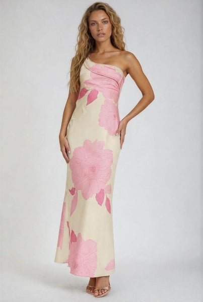 pink one shoulder maxi dress Pink and Ivory Floral One Shoulder Satin Maxi Dress