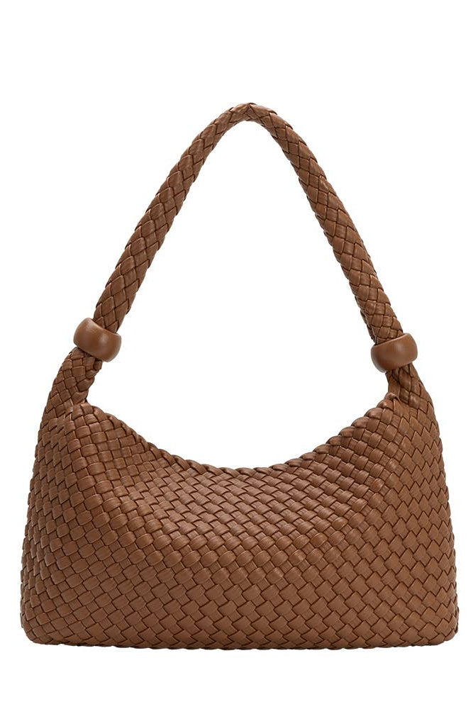 Saddle woven recycled vegan leather shoulder bag with beaded strap accents, front view