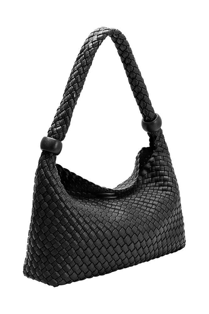 Black woven vegan leather shoulder bag with gold-tone hardware