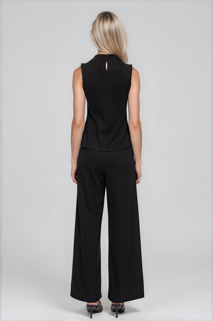 Black elastic-waist straight-leg brushed rib pants, detail