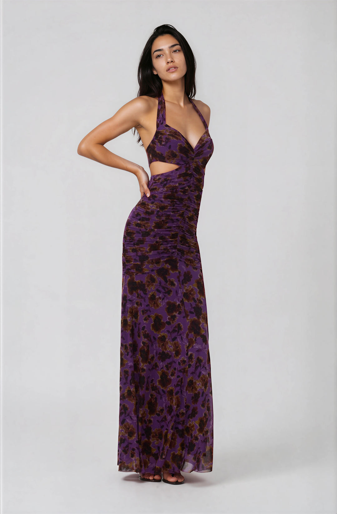 purple halter maxi dress with cutout detail