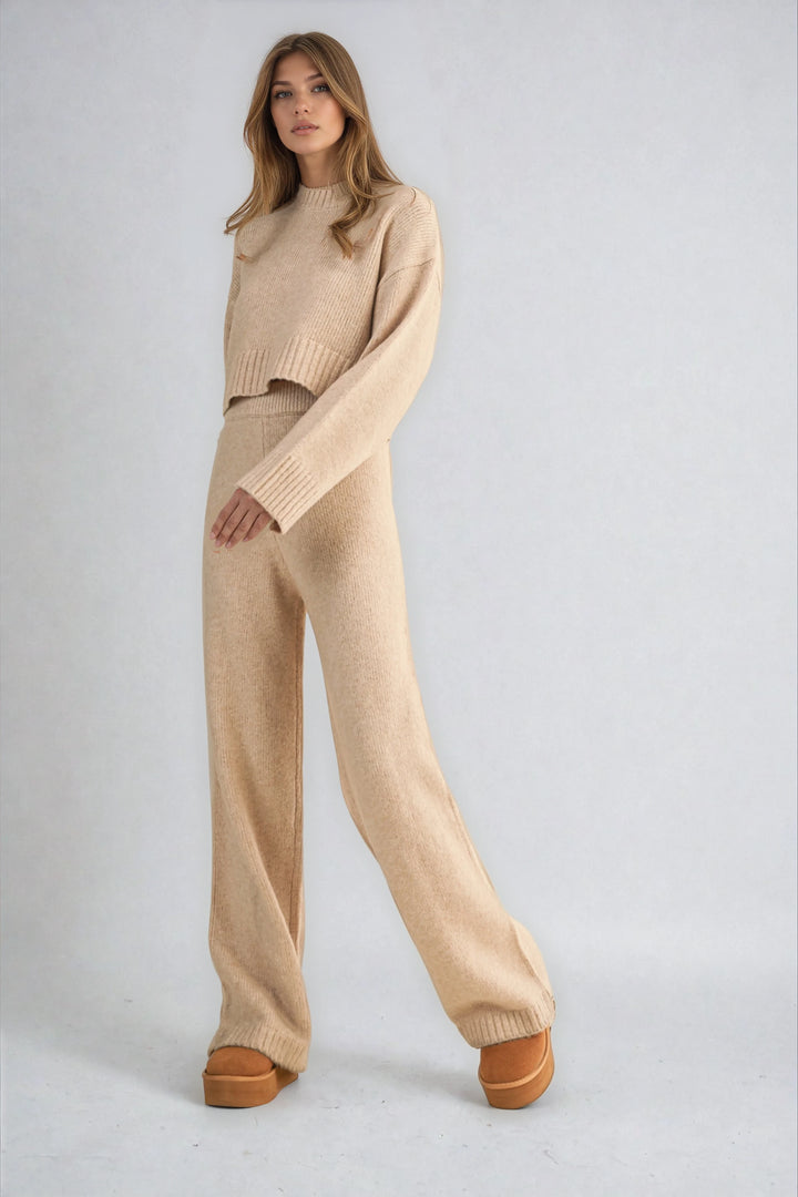 Front view beige knit sweater set on model