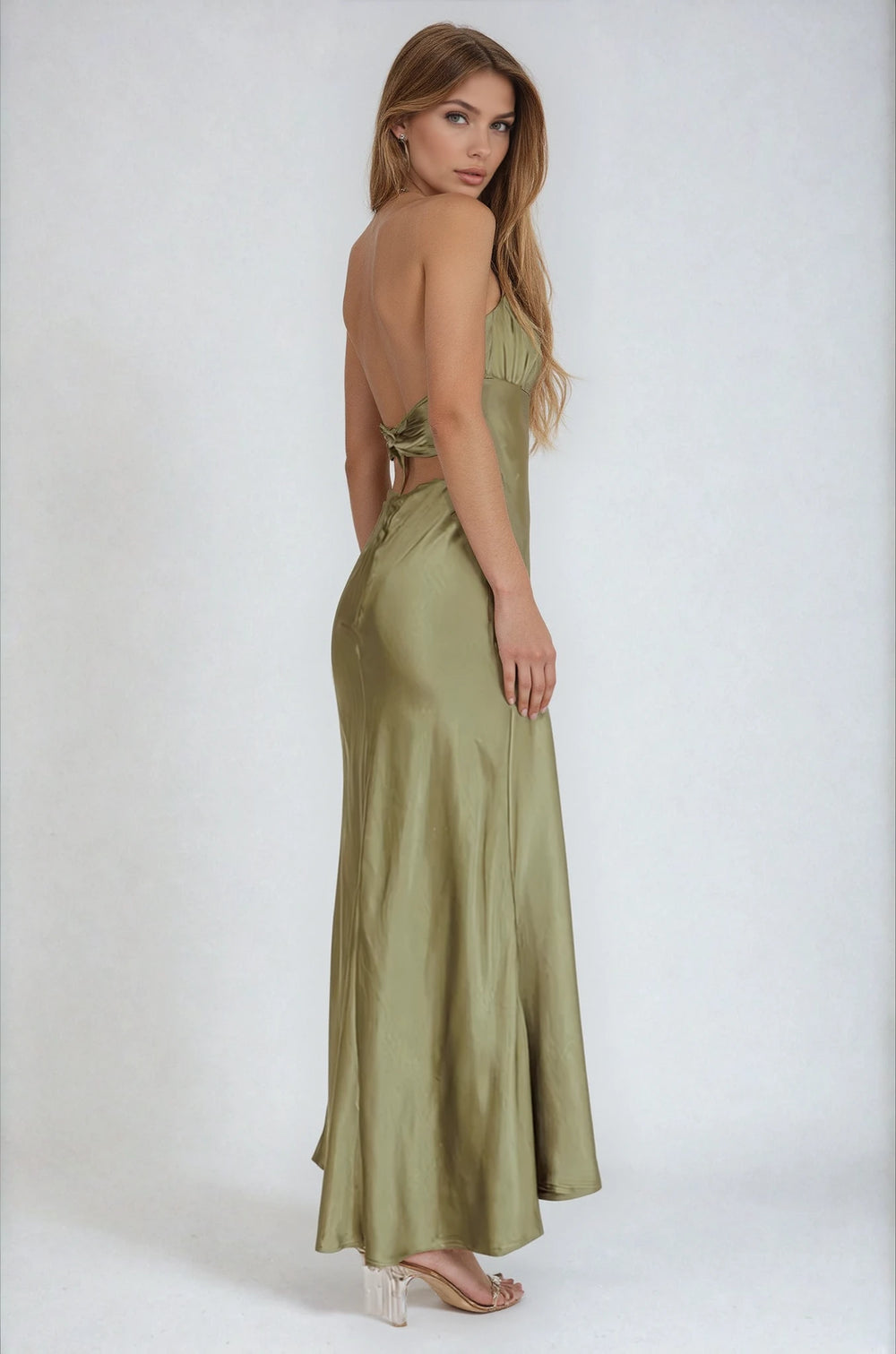 gigi gown on model olive back view floor length draped gown